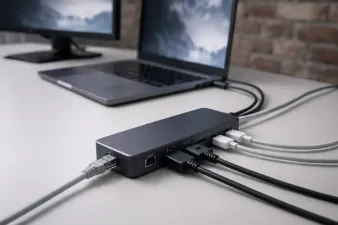 Collection of USB-C docking stations with connected peripherals