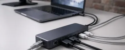 Collection of USB-C docking stations with connected peripherals