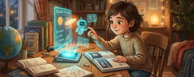 Child studying at a cozy wooden desk with books while interacting with a friendly educational holographic AI assistant