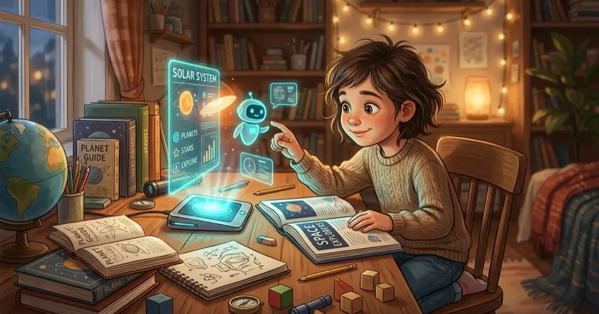 Child studying at a cozy wooden desk with books while interacting with a friendly educational holographic AI assistant