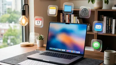 A premium Mac setup with floating glass-morphism app icons