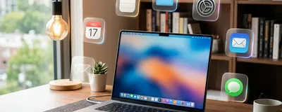 A premium Mac setup with floating glass-morphism app icons