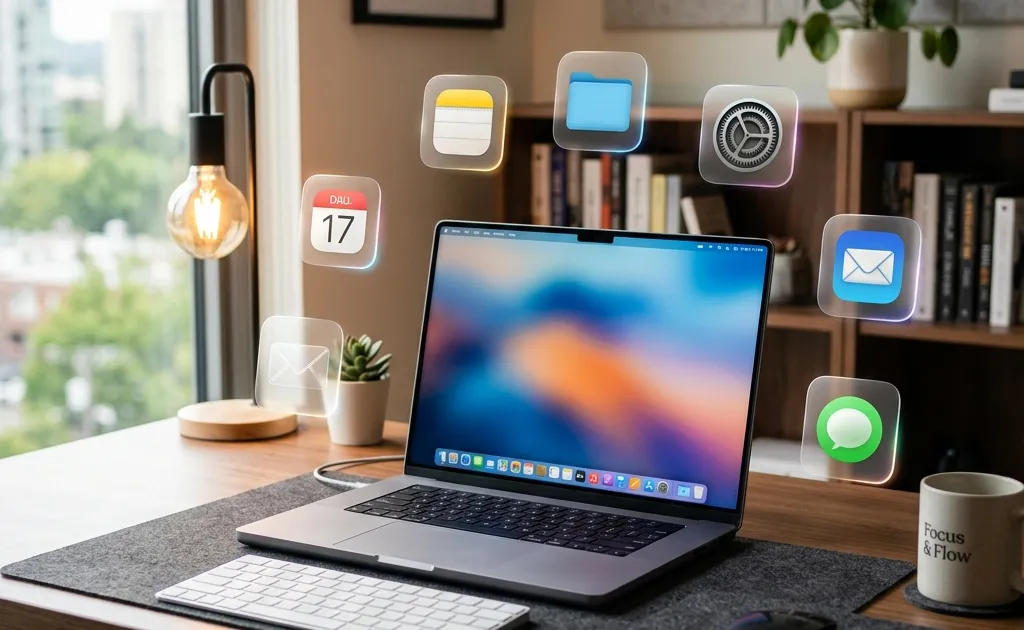 A premium Mac setup with floating glass-morphism app icons