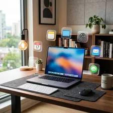 A premium Mac setup with floating glass-morphism app icons