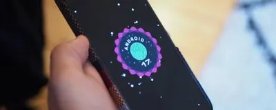 A futuristic smartphone interface displaying Android 17's new AI-powered features, including real-time translation and predictive suggestions.