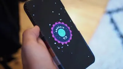 A futuristic smartphone interface displaying Android 17's new AI-powered features, including real-time translation and predictive suggestions.