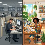 A split image contrasting a dull corporate cubicle with a vibrant, inspiring creative workspace filled with plants and sunlight.