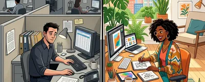 A split image contrasting a dull corporate cubicle with a vibrant, inspiring creative workspace filled with plants and sunlight.