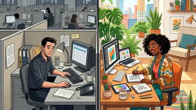 A split image contrasting a dull corporate cubicle with a vibrant, inspiring creative workspace filled with plants and sunlight.