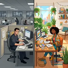 A split image contrasting a dull corporate cubicle with a vibrant, inspiring creative workspace filled with plants and sunlight.