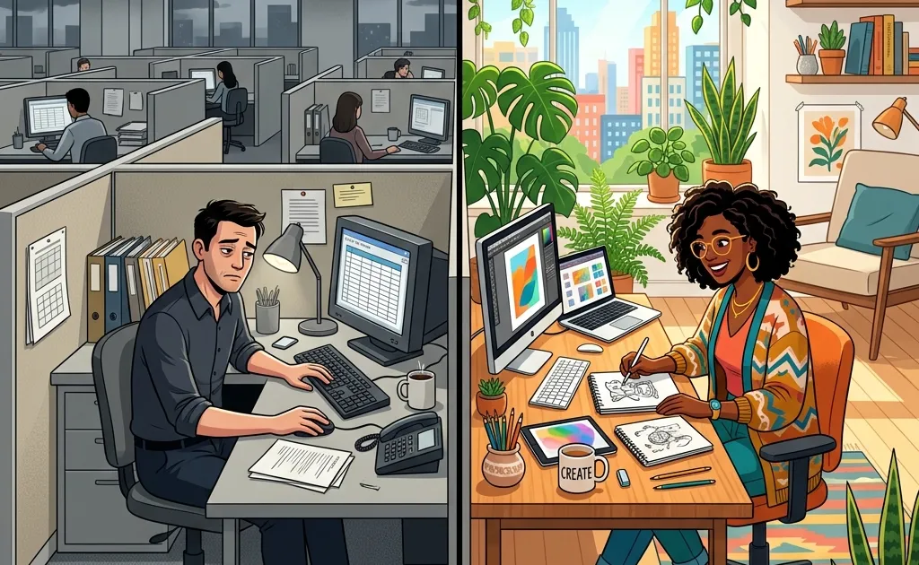 A split image contrasting a dull corporate cubicle with a vibrant, inspiring creative workspace filled with plants and sunlight.