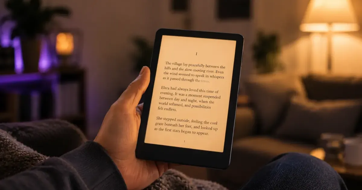 Kindle Paperwhite e-reader showing a page of text, with its warm front light on