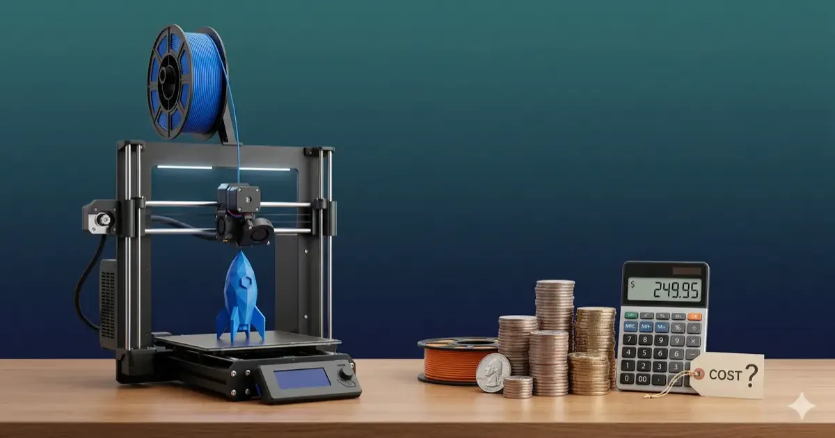 Illustration showing 3D printing cost breakdown with printer and filament