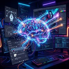 Digital illustration depicting a glowing AI neural network replacing traditional photo editing tools like a pen tool, lasso, and layers panel in a dark, neon-lit digital workspace.