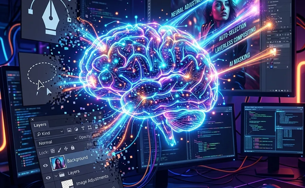 Digital illustration depicting a glowing AI neural network replacing traditional photo editing tools like a pen tool, lasso, and layers panel in a dark, neon-lit digital workspace.