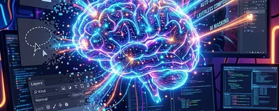 Digital illustration depicting a glowing AI neural network replacing traditional photo editing tools like a pen tool, lasso, and layers panel in a dark, neon-lit digital workspace.