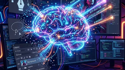 Digital illustration depicting a glowing AI neural network replacing traditional photo editing tools like a pen tool, lasso, and layers panel in a dark, neon-lit digital workspace.