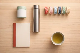 Collection of Japanese products including stationery, snacks, and electronics