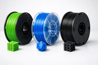 Side-by-side comparison of PLA, PETG, and ABS 3D printing filaments