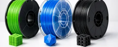 Side-by-side comparison of PLA, PETG, and ABS 3D printing filaments
