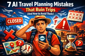 Illustration showing common AI travel planning mistakes to avoid