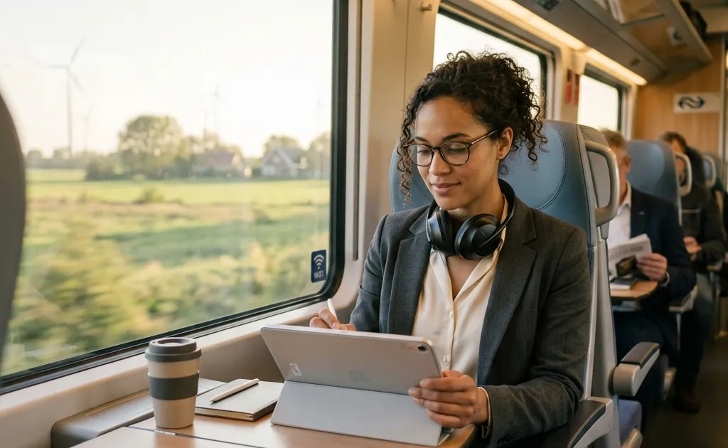 A calm, focused professional using a tablet on a modern train, representing a productive and efficient commute