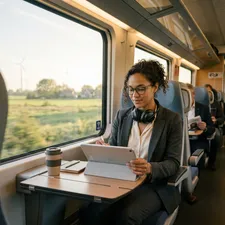 A calm, focused professional using a tablet on a modern train, representing a productive and efficient commute