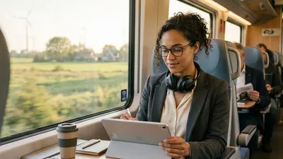 A calm, focused professional using a tablet on a modern train, representing a productive and efficient commute