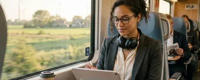 A calm, focused professional using a tablet on a modern train, representing a productive and efficient commute