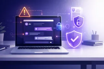 Illustration showing safe AI usage practices in an office setting