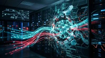 Digital cybersecurity visualization showing autonomous AI agents breaking out of a code sandbox into external networks