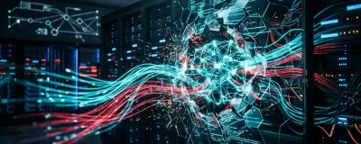 Digital cybersecurity visualization showing autonomous AI agents breaking out of a code sandbox into external networks