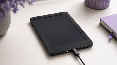 A black Kindle e-reader lying face up with a blank, unresponsive screen next to a USB-C charging cable