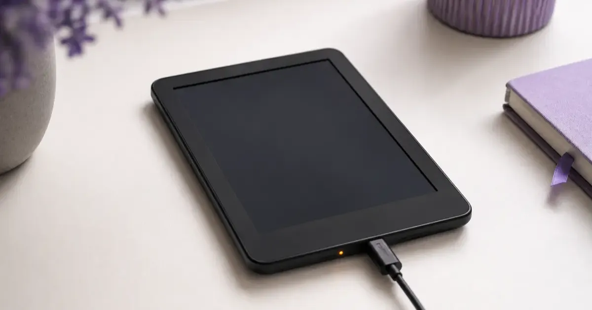 A black Kindle e-reader lying face up with a blank, unresponsive screen next to a USB-C charging cable