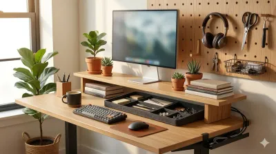 Collection of desk shelves and organizers in a clean home office