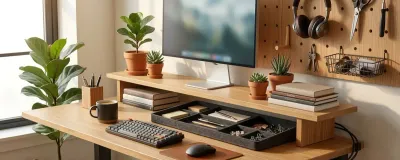 Collection of desk shelves and organizers in a clean home office