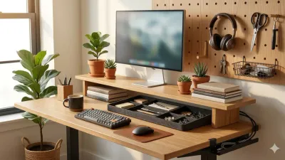 Collection of desk shelves and organizers in a clean home office