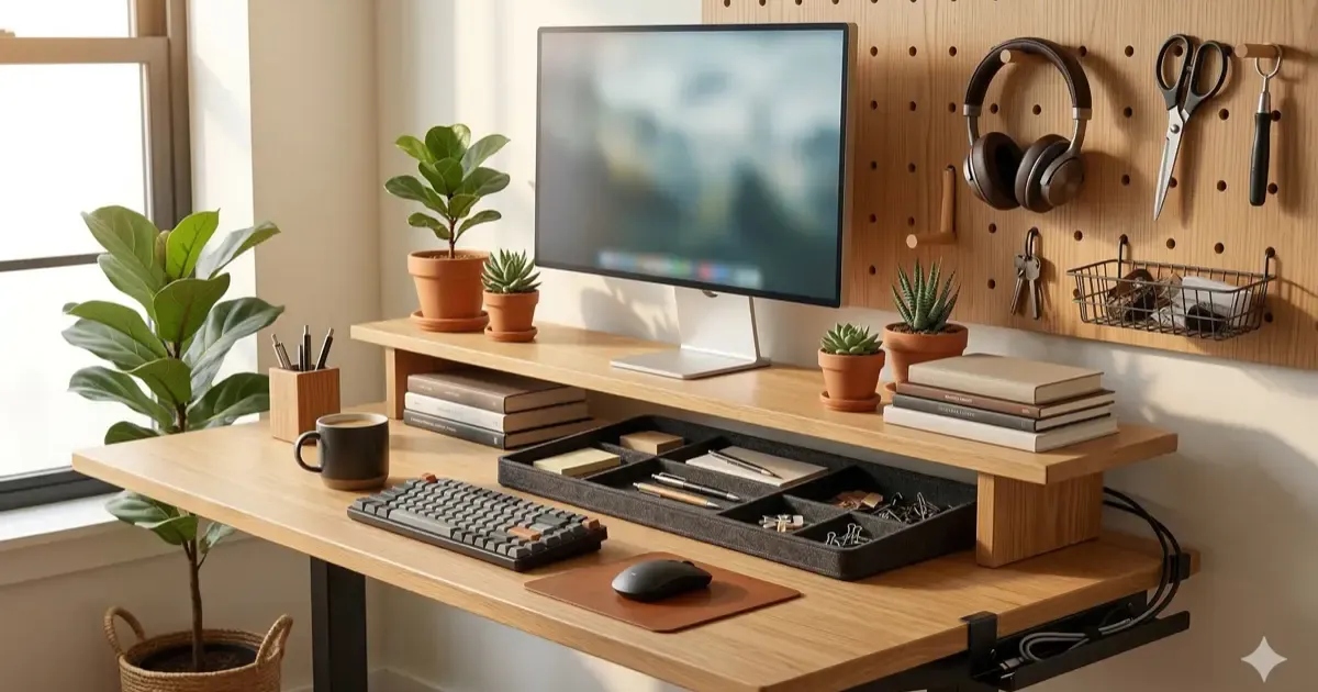 Collection of desk shelves and organizers in a clean home office