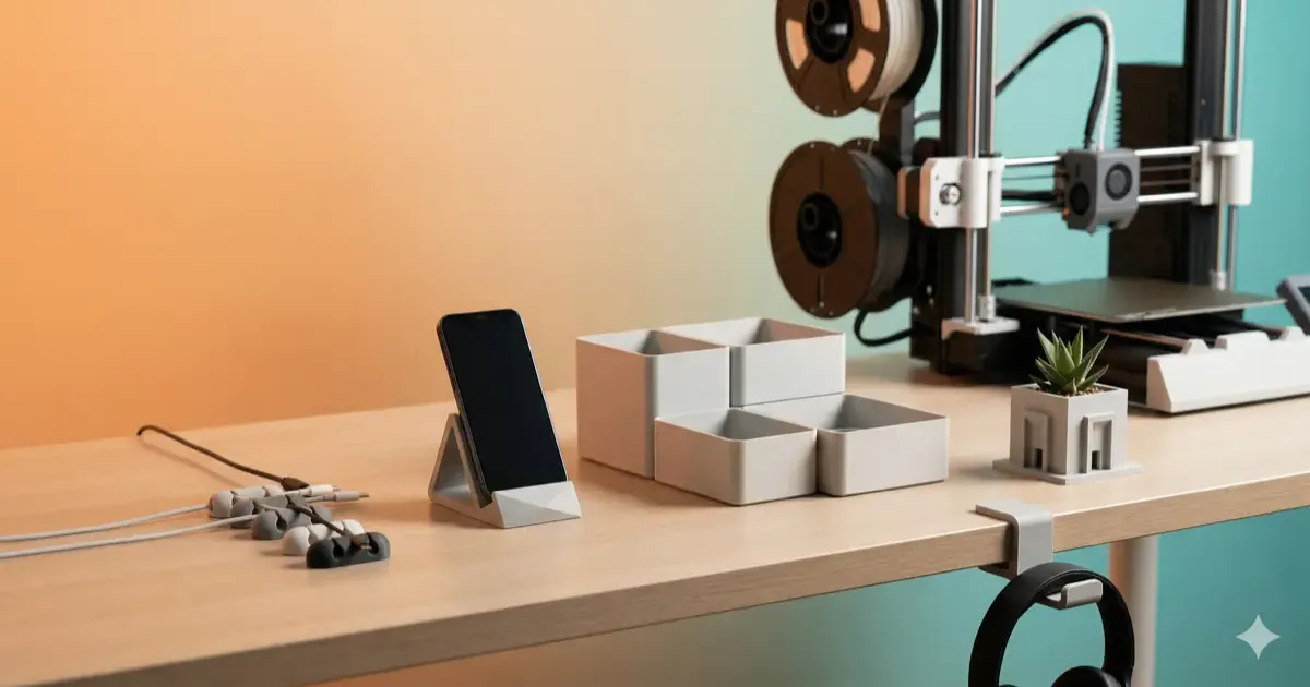 Collection of functional 3D printed objects for desk and home use