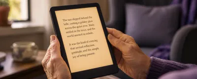 An e-reader held in older hands, showing a page of large, easy-to-read text