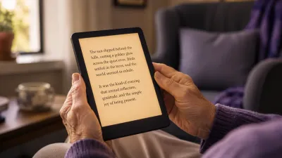 An e-reader held in older hands, showing a page of large, easy-to-read text