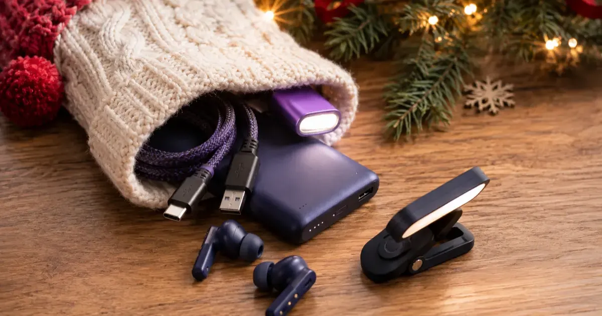 A festive stocking filled with small tech gadgets like earbuds, cables, and a mini light