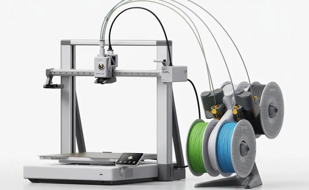 The Bambu Lab A2L 3D printer showing its large 330mm build plate and linear motor rails.
