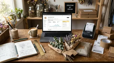 Creative artisan working on a laptop surrounded by handcrafted products and financial plans