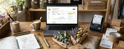 Creative artisan working on a laptop surrounded by handcrafted products and financial plans
