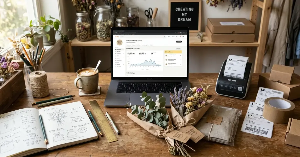 Creative artisan working on a laptop surrounded by handcrafted products and financial plans
