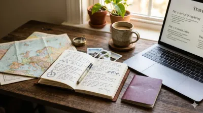 Travel journal with handwritten itinerary, vintage map of Europe, compass, coffee, and laptop showing AI-generated trip plan