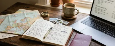 Travel journal with handwritten itinerary, vintage map of Europe, compass, coffee, and laptop showing AI-generated trip plan