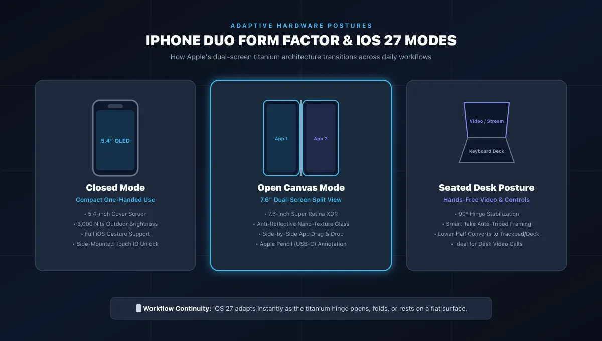 iPhone Duo hardware postures and iOS 27 modes diagram showing closed 5.4-inch mode, open 7.6-inch canvas, and seated desk posture