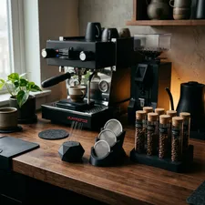 A high-end coffee station featuring 3D-printed WDT tools, puck screen holders, and bean cellars.
